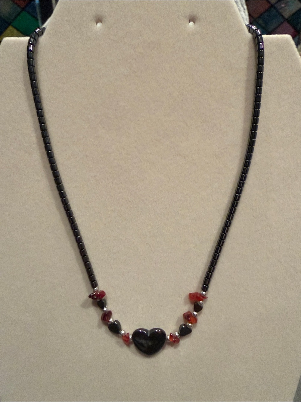 Black Heart hematite Necklace with Red Accent Stones